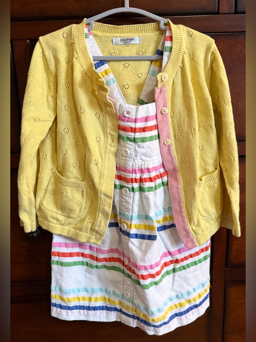Baby Boden Yellow Cardigan with Multicolor Stripe Dress